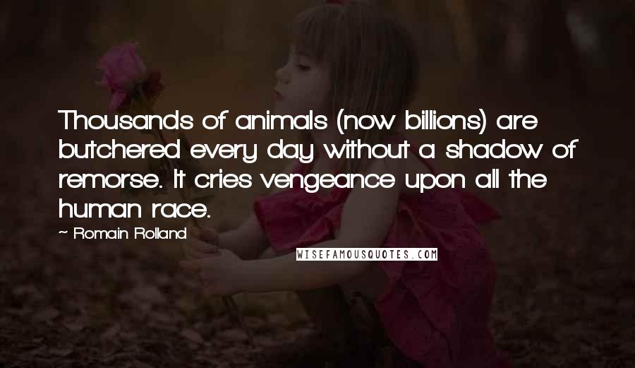 Romain Rolland Quotes: Thousands of animals (now billions) are butchered every day without a shadow of remorse. It cries vengeance upon all the human race.