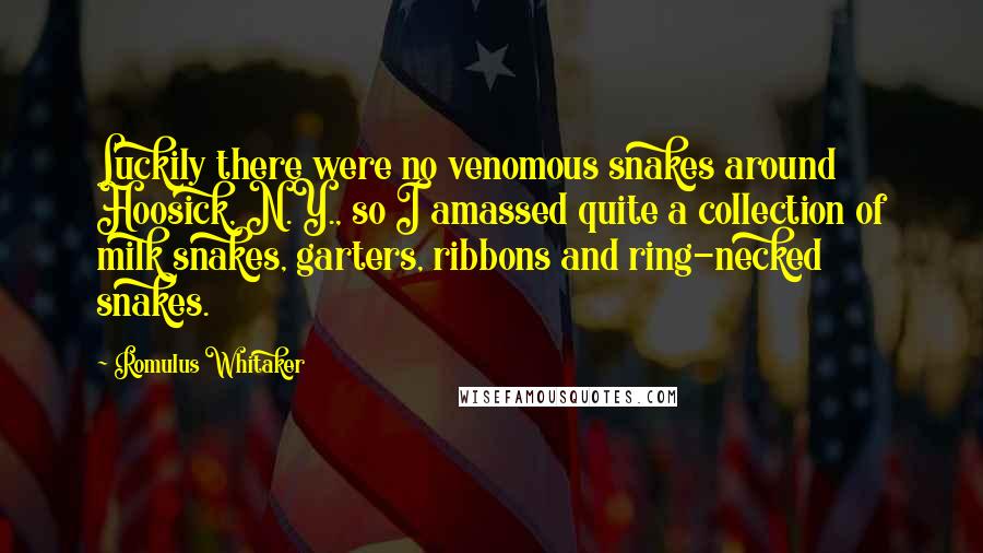 Romulus Whitaker Quotes: Luckily there were no venomous snakes around Hoosick, N.Y., so I amassed quite a collection of milk snakes, garters, ribbons and ring-necked snakes.