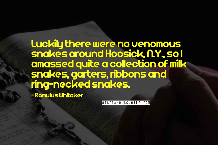 Romulus Whitaker Quotes: Luckily there were no venomous snakes around Hoosick, N.Y., so I amassed quite a collection of milk snakes, garters, ribbons and ring-necked snakes.