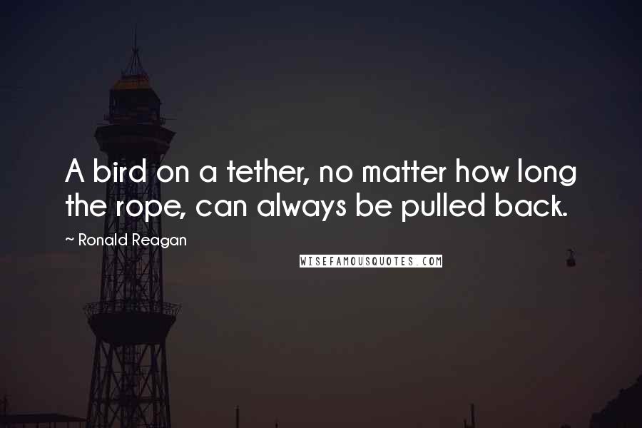 Ronald Reagan Quotes: A bird on a tether, no matter how long the rope, can always be pulled back.