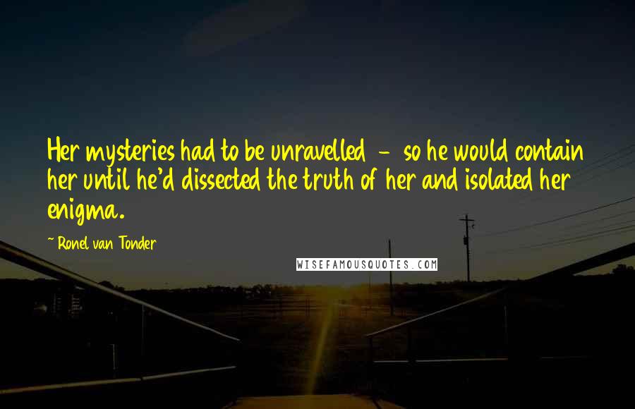 Ronel Van Tonder Quotes: Her mysteries had to be unravelled - so he would contain her until he'd dissected the truth of her and isolated her enigma.