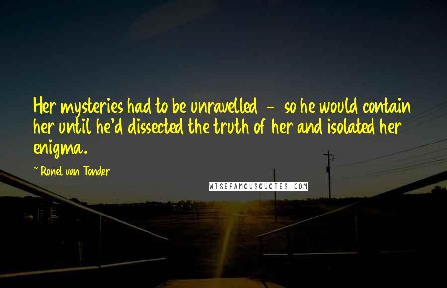 Ronel Van Tonder Quotes: Her mysteries had to be unravelled  -  so he would contain her until he'd dissected the truth of her and isolated her enigma.