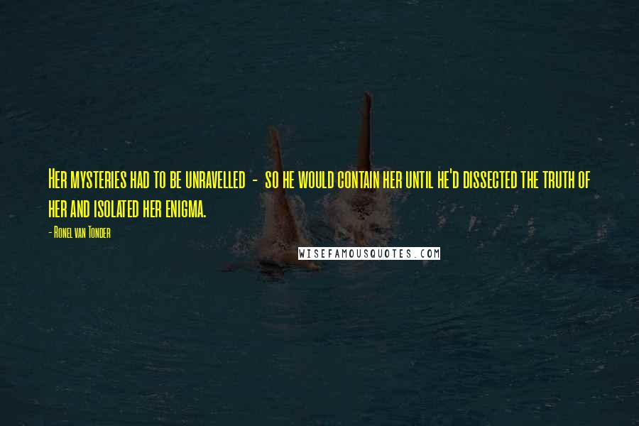 Ronel Van Tonder Quotes: Her mysteries had to be unravelled  -  so he would contain her until he'd dissected the truth of her and isolated her enigma.