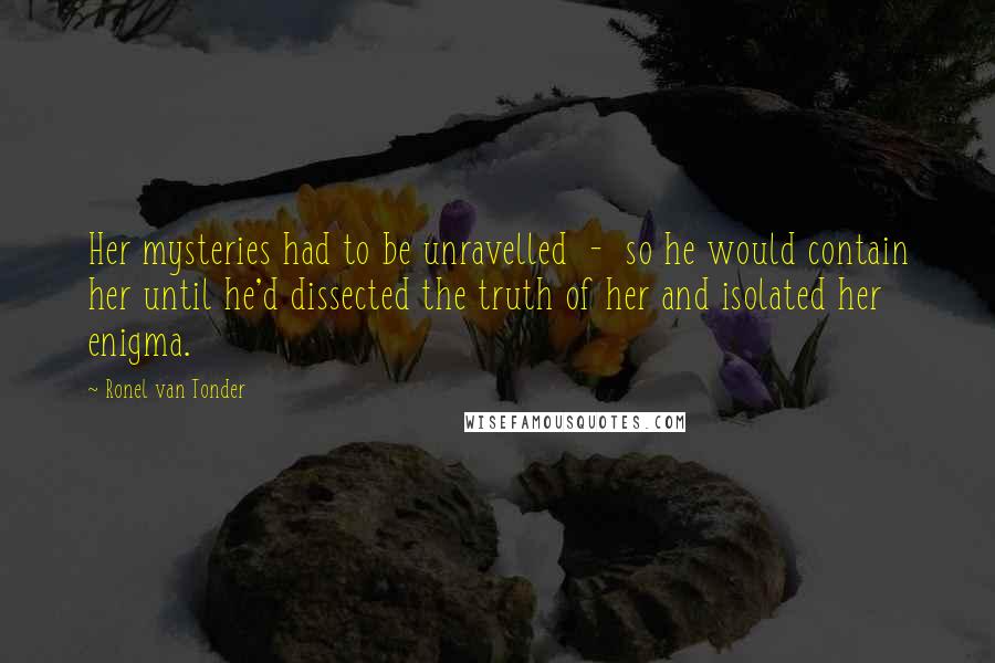 Ronel Van Tonder Quotes: Her mysteries had to be unravelled  -  so he would contain her until he'd dissected the truth of her and isolated her enigma.