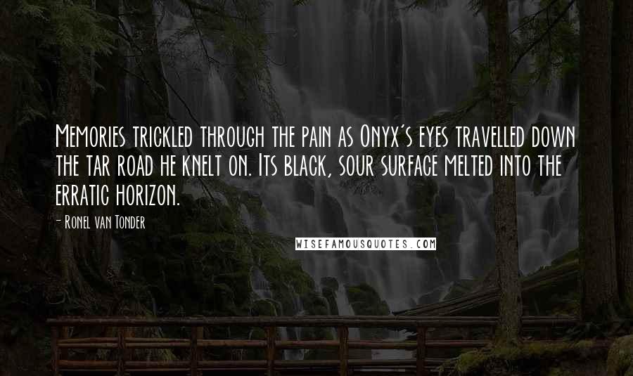 Ronel Van Tonder Quotes: Memories trickled through the pain as Onyx's eyes travelled down the tar road he knelt on. Its black, sour surface melted into the erratic horizon.