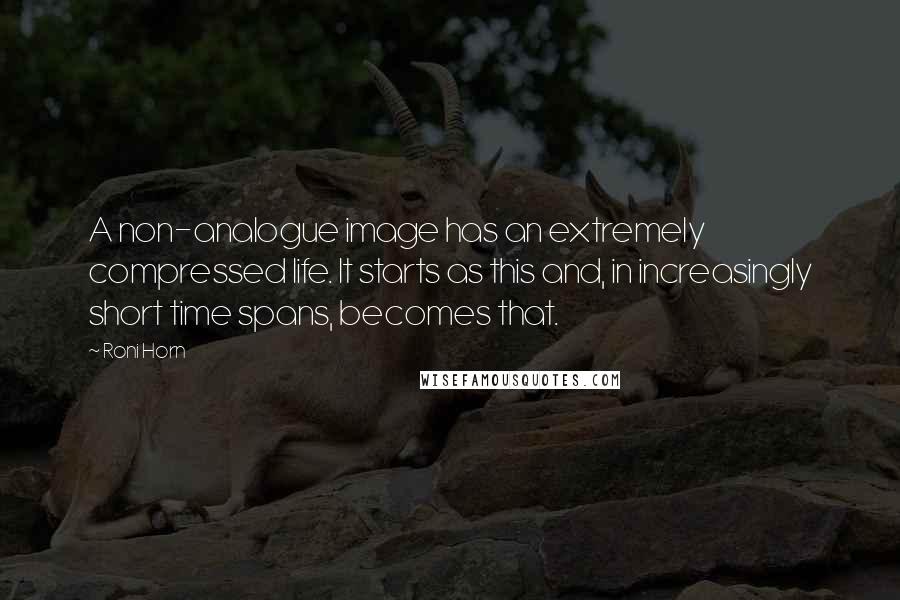 Roni Horn Quotes: A non-analogue image has an extremely compressed life. It starts as this and, in increasingly short time spans, becomes that.