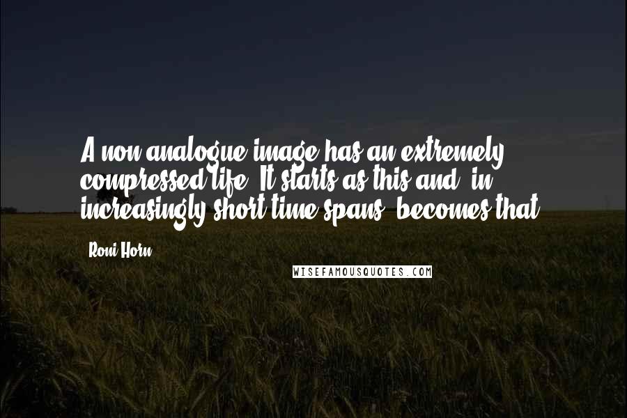 Roni Horn Quotes: A non-analogue image has an extremely compressed life. It starts as this and, in increasingly short time spans, becomes that.