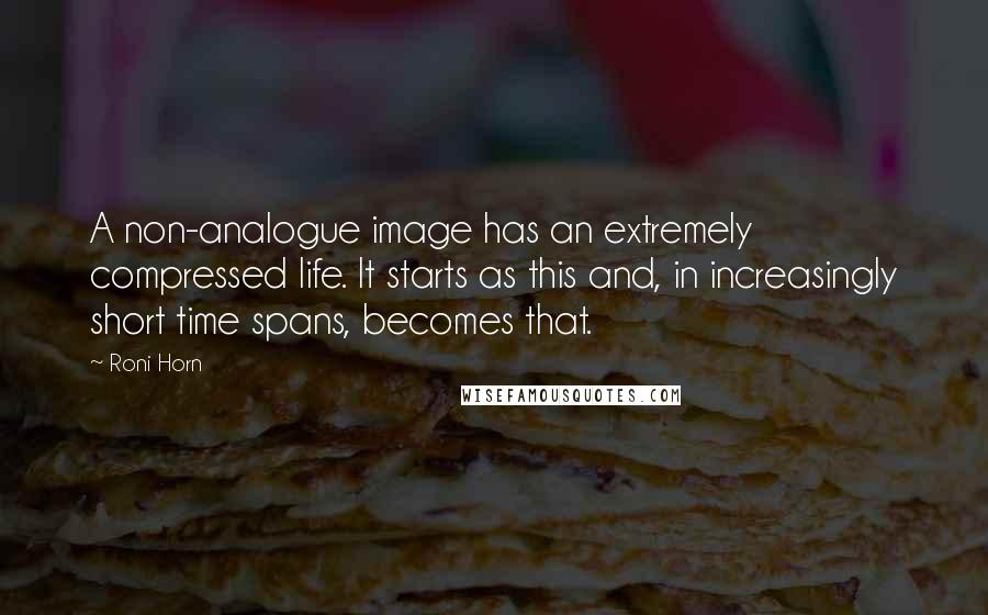 Roni Horn Quotes: A non-analogue image has an extremely compressed life. It starts as this and, in increasingly short time spans, becomes that.