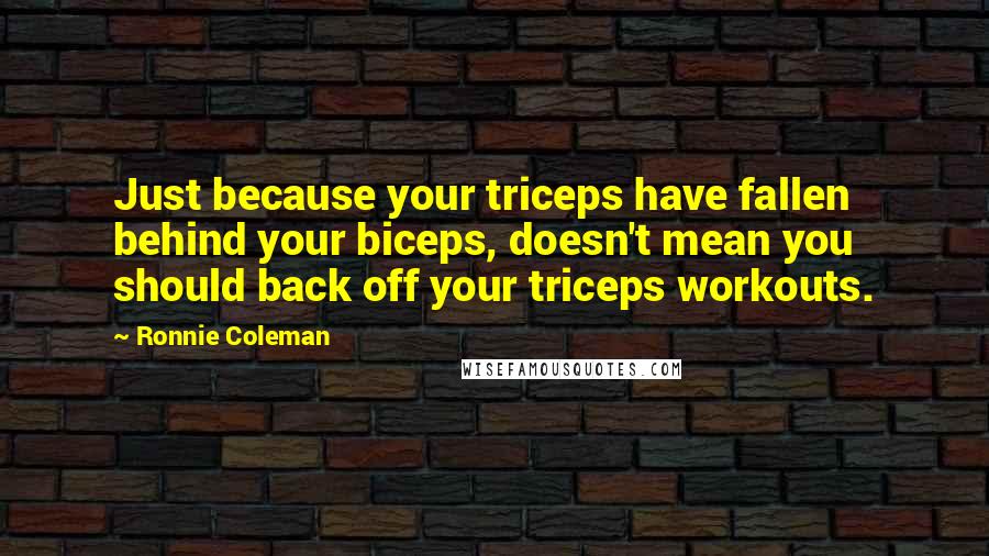 Ronnie Coleman Quotes: Just because your triceps have fallen behind your biceps, doesn't mean you should back off your triceps workouts.