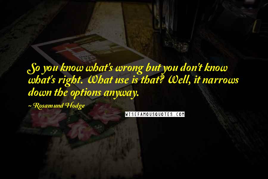 Rosamund Hodge Quotes: So you know what's wrong but you don't know what's right. What use is that? Well, it narrows down the options anyway.