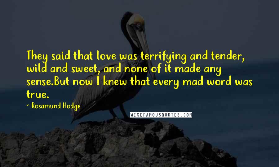 Rosamund Hodge Quotes: They said that love was terrifying and tender, wild and sweet, and none of it made any sense.But now I knew that every mad word was true.