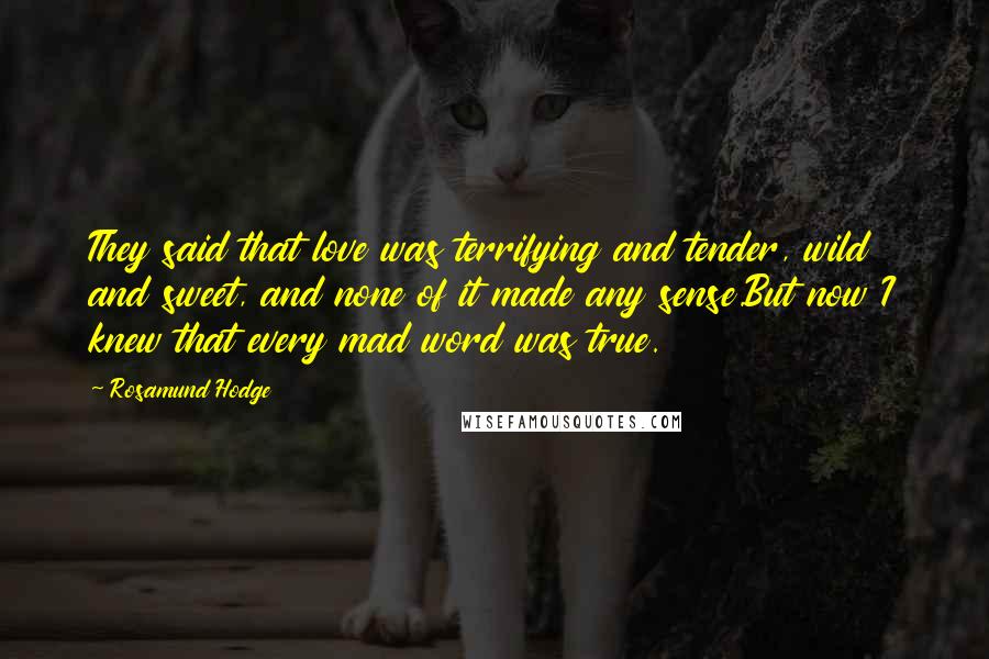 Rosamund Hodge Quotes: They said that love was terrifying and tender, wild and sweet, and none of it made any sense.But now I knew that every mad word was true.