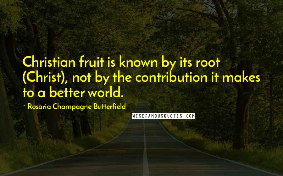 Rosaria Champagne Butterfield Quotes: Christian fruit is known by its root (Christ), not by the contribution it makes to a better world.