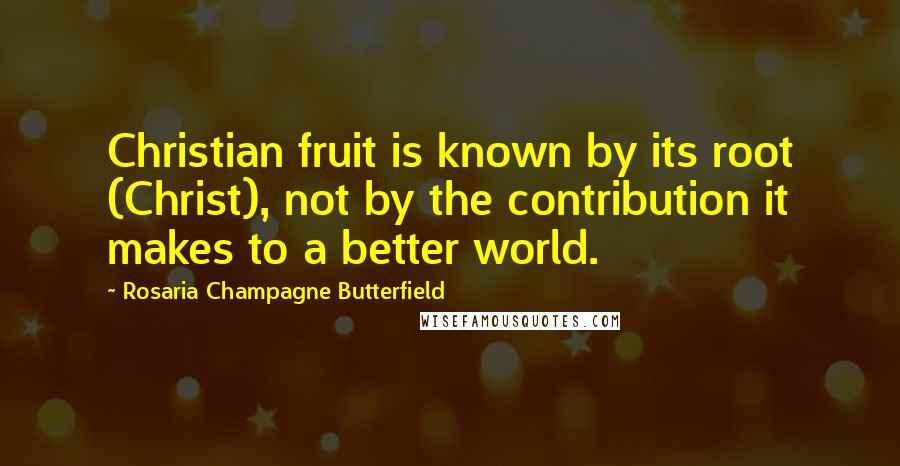 Rosaria Champagne Butterfield Quotes: Christian fruit is known by its root (Christ), not by the contribution it makes to a better world.