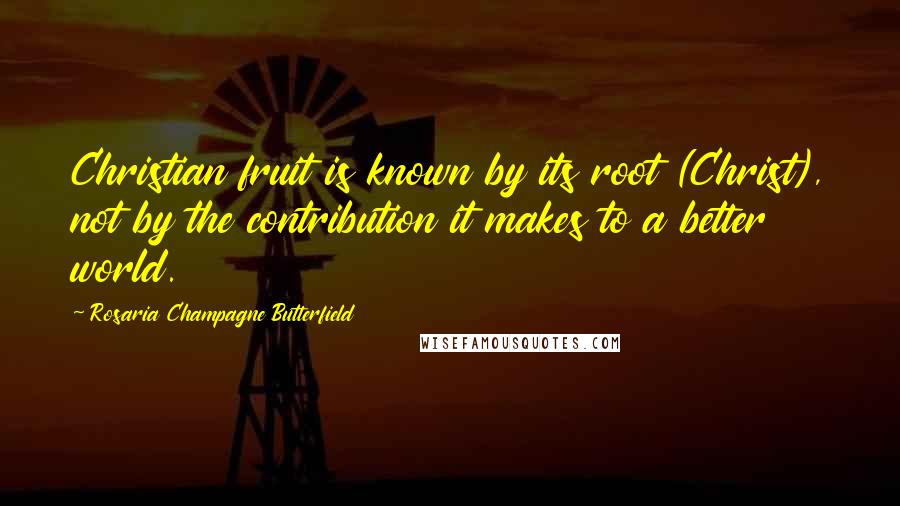 Rosaria Champagne Butterfield Quotes: Christian fruit is known by its root (Christ), not by the contribution it makes to a better world.