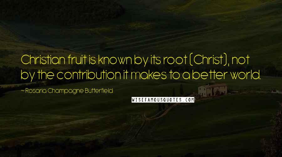 Rosaria Champagne Butterfield Quotes: Christian fruit is known by its root (Christ), not by the contribution it makes to a better world.