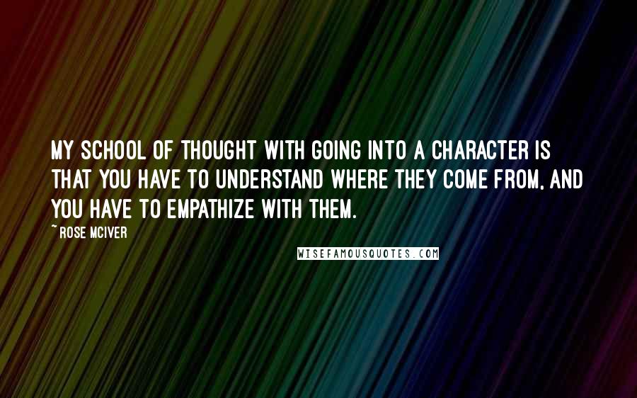 Rose McIver Quotes: My school of thought with going into a character is that you have to understand where they come from, and you have to empathize with them.