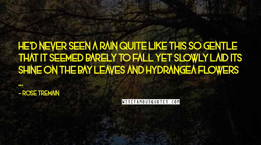 Rose Tremain Quotes: He'd never seen a rain quite like this so gentle that it seemed barely to fall yet slowly laid its shine on the bay leaves and hydrangea flowers ...