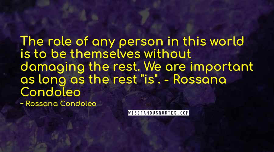 Rossana Condoleo Quotes: The role of any person in this world is to be themselves without damaging the rest. We are important as long as the rest "is". - Rossana Condoleo