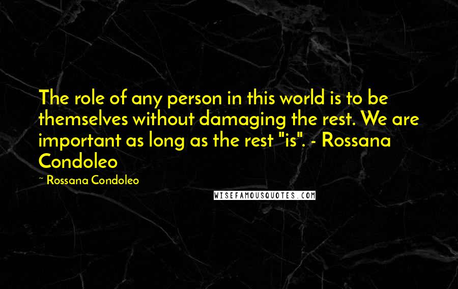 Rossana Condoleo Quotes: The role of any person in this world is to be themselves without damaging the rest. We are important as long as the rest "is". - Rossana Condoleo