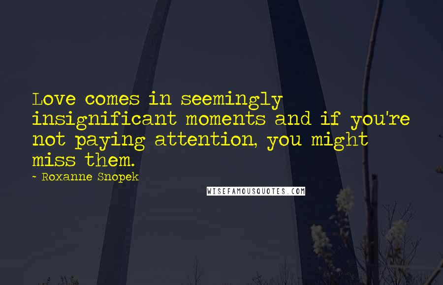 Roxanne Snopek Quotes: Love comes in seemingly insignificant moments and if you're not paying attention, you might miss them.