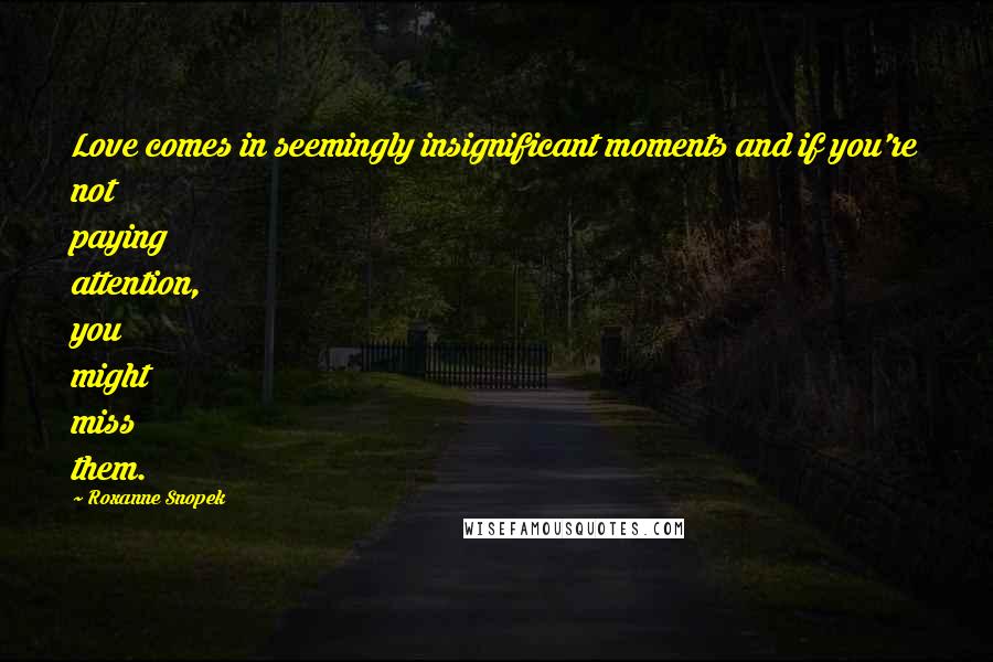 Roxanne Snopek Quotes: Love comes in seemingly insignificant moments and if you're not paying attention, you might miss them.