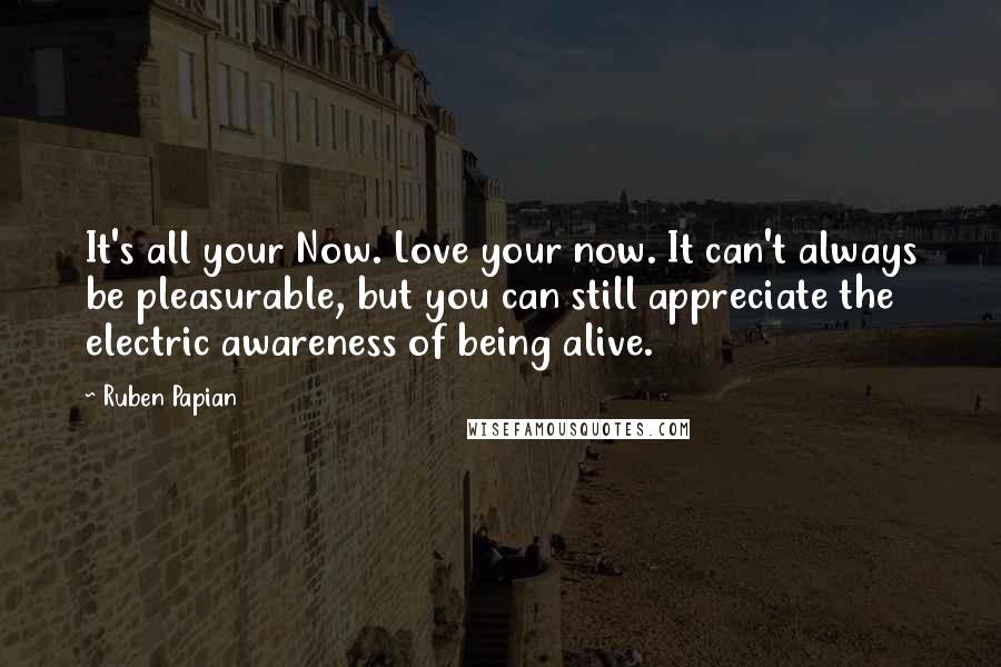 Ruben Papian Quotes: It's all your Now. Love your now. It can't always be pleasurable, but you can still appreciate the electric awareness of being alive.