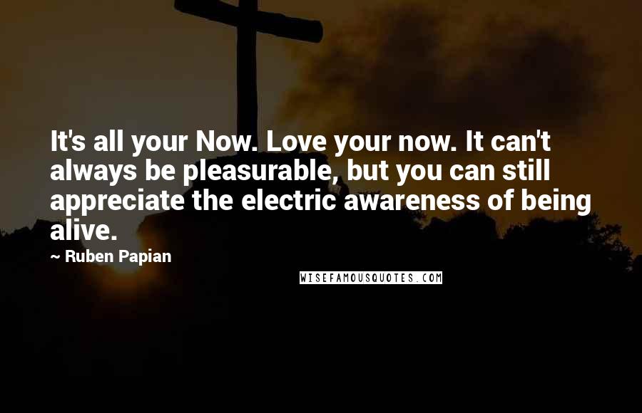 Ruben Papian Quotes: It's all your Now. Love your now. It can't always be pleasurable, but you can still appreciate the electric awareness of being alive.