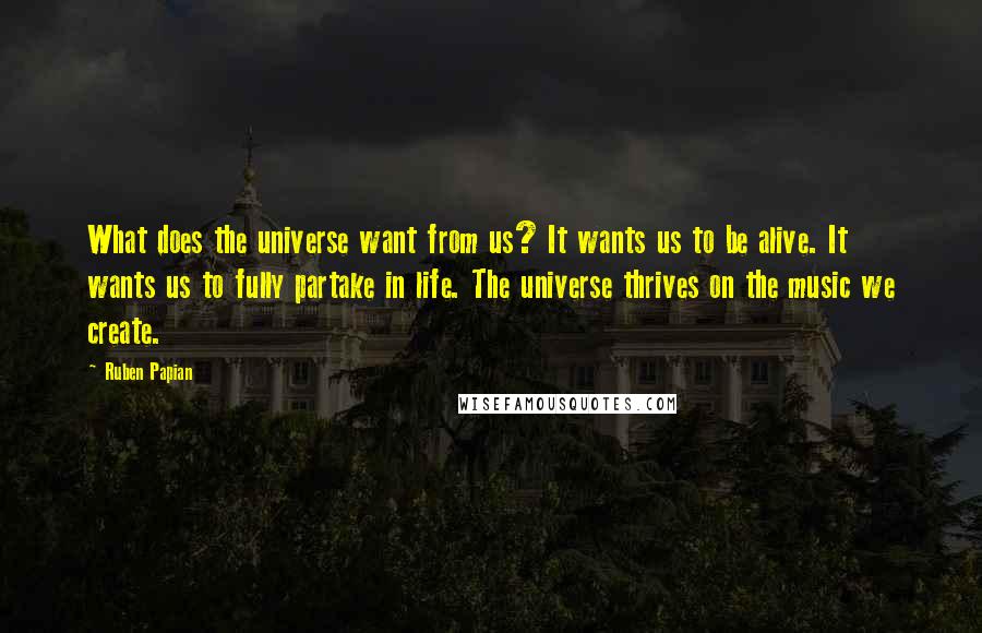 Ruben Papian Quotes: What does the universe want from us? It wants us to be alive. It wants us to fully partake in life. The universe thrives on the music we create.