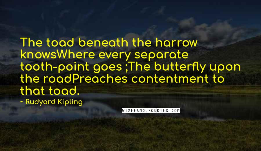 Rudyard Kipling Quotes: The toad beneath the harrow knowsWhere every separate tooth-point goes ;The butterfly upon the roadPreaches contentment to that toad.