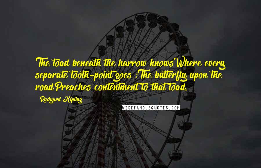 Rudyard Kipling Quotes: The toad beneath the harrow knowsWhere every separate tooth-point goes ;The butterfly upon the roadPreaches contentment to that toad.