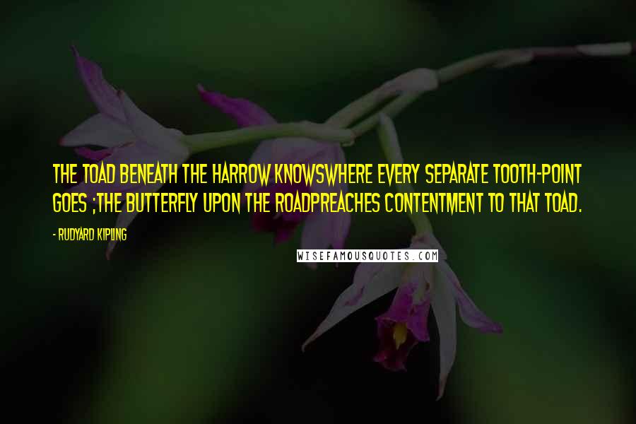 Rudyard Kipling Quotes: The toad beneath the harrow knowsWhere every separate tooth-point goes ;The butterfly upon the roadPreaches contentment to that toad.