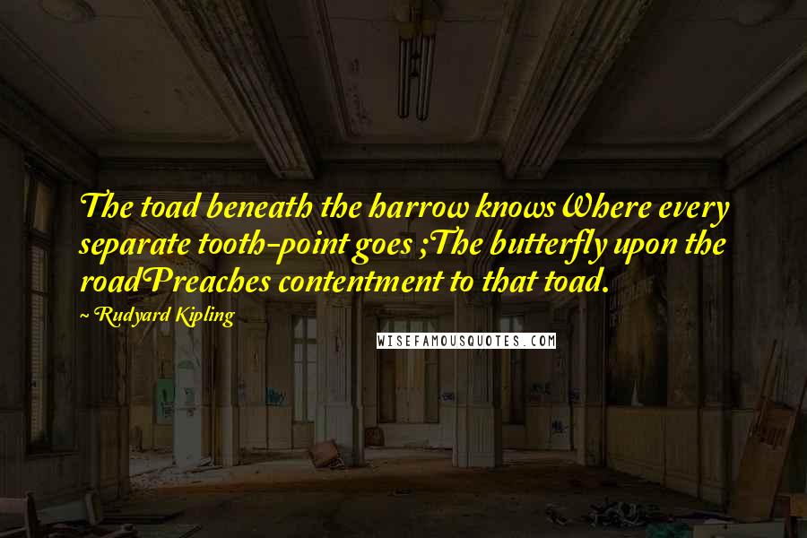 Rudyard Kipling Quotes: The toad beneath the harrow knowsWhere every separate tooth-point goes ;The butterfly upon the roadPreaches contentment to that toad.