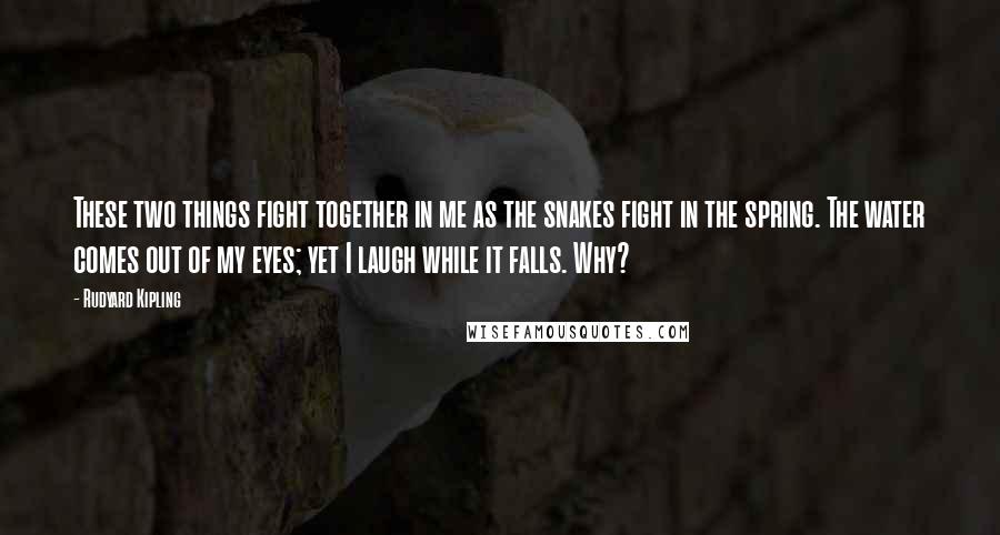 Rudyard Kipling Quotes: These two things fight together in me as the snakes fight in the spring. The water comes out of my eyes; yet I laugh while it falls. Why?