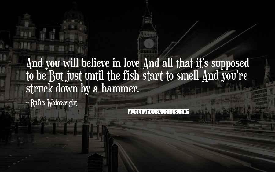 Rufus Wainwright Quotes: And you will believe in love And all that it's supposed to be But just until the fish start to smell And you're struck down by a hammer.