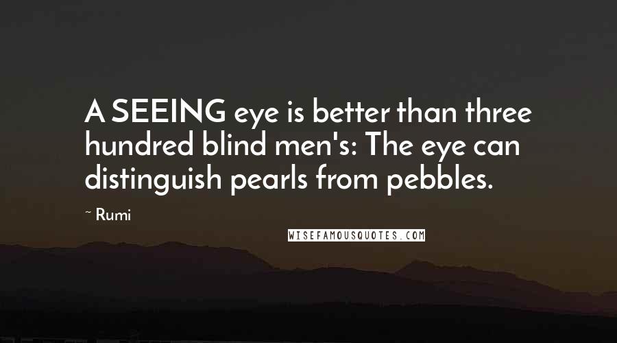 Rumi Quotes: A SEEING eye is better than three hundred blind men's: The eye can distinguish pearls from pebbles.