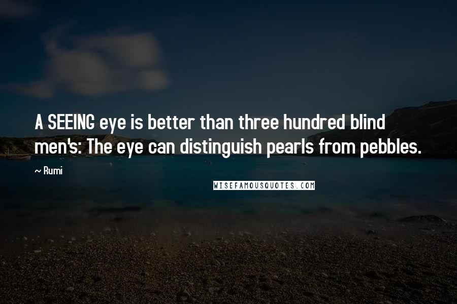 Rumi Quotes: A SEEING eye is better than three hundred blind men's: The eye can distinguish pearls from pebbles.
