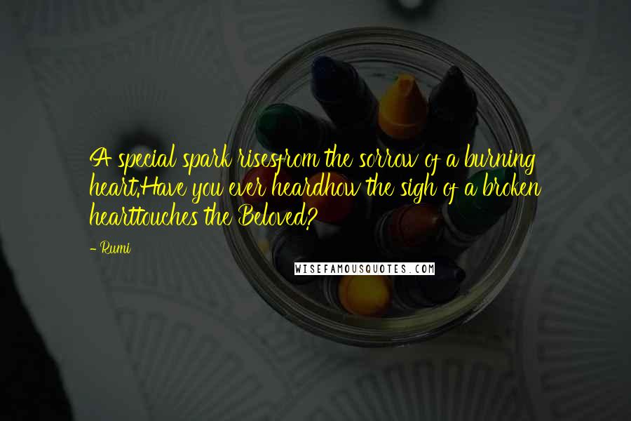 Rumi Quotes: A special spark risesfrom the sorrow of a burning heart.Have you ever heardhow the sigh of a broken hearttouches the Beloved?