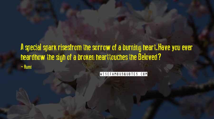 Rumi Quotes: A special spark risesfrom the sorrow of a burning heart.Have you ever heardhow the sigh of a broken hearttouches the Beloved?