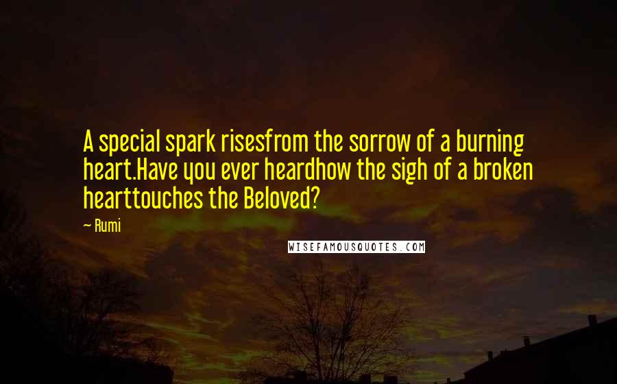 Rumi Quotes: A special spark risesfrom the sorrow of a burning heart.Have you ever heardhow the sigh of a broken hearttouches the Beloved?