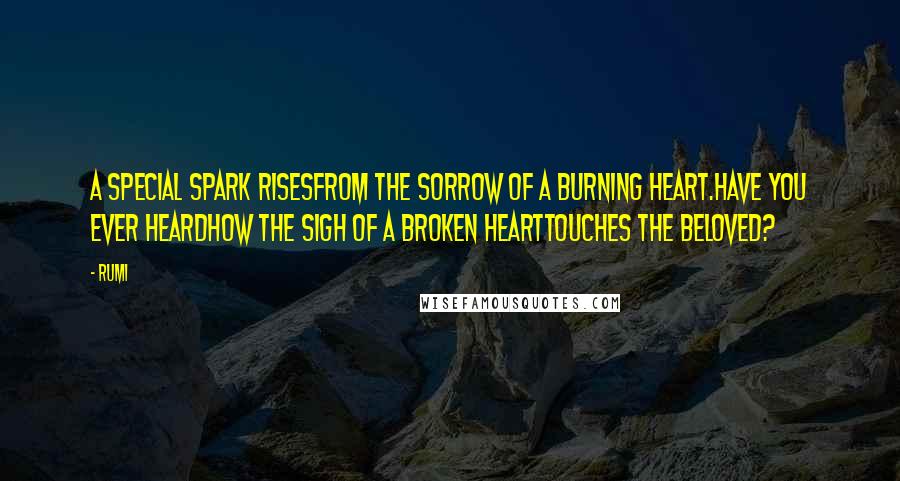 Rumi Quotes: A special spark risesfrom the sorrow of a burning heart.Have you ever heardhow the sigh of a broken hearttouches the Beloved?