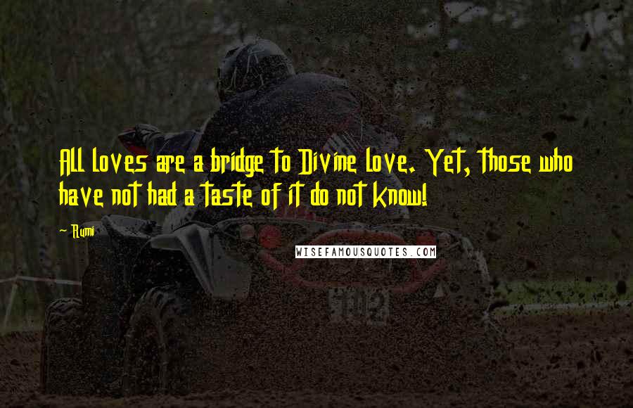 Rumi Quotes: All loves are a bridge to Divine love. Yet, those who have not had a taste of it do not know!