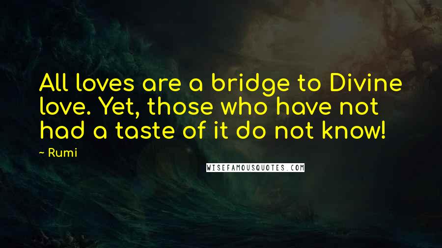 Rumi Quotes: All loves are a bridge to Divine love. Yet, those who have not had a taste of it do not know!