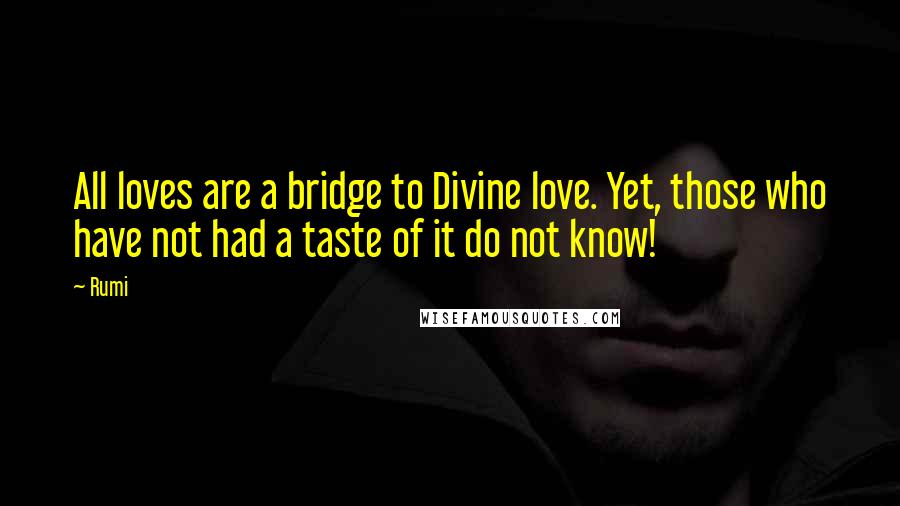 Rumi Quotes: All loves are a bridge to Divine love. Yet, those who have not had a taste of it do not know!