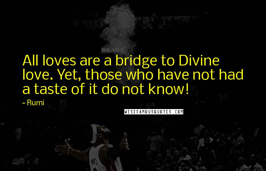 Rumi Quotes: All loves are a bridge to Divine love. Yet, those who have not had a taste of it do not know!