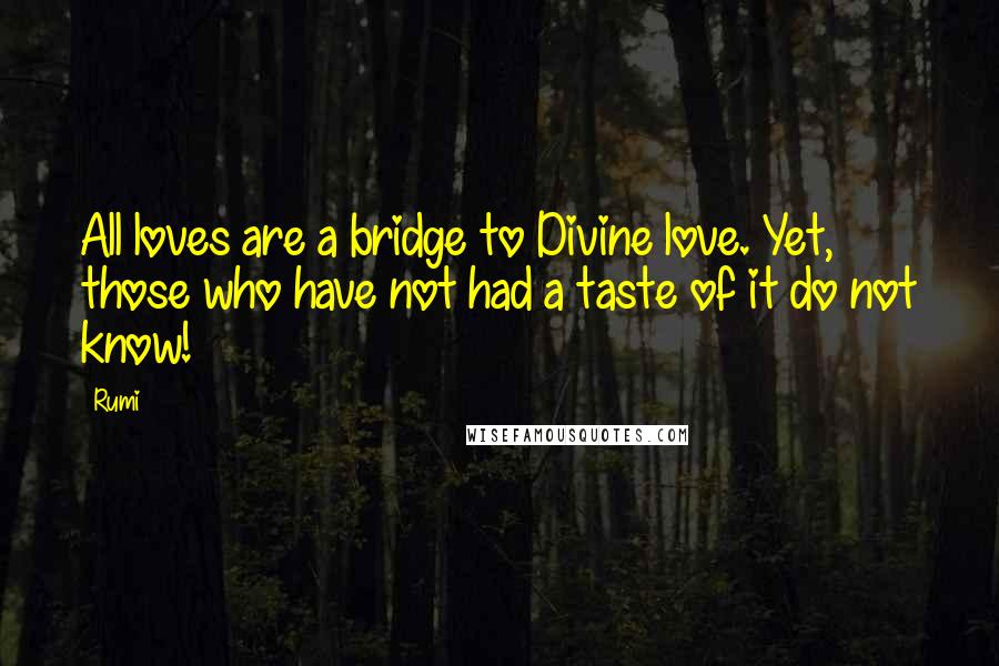 Rumi Quotes: All loves are a bridge to Divine love. Yet, those who have not had a taste of it do not know!