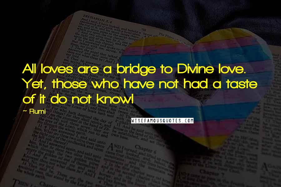 Rumi Quotes: All loves are a bridge to Divine love. Yet, those who have not had a taste of it do not know!
