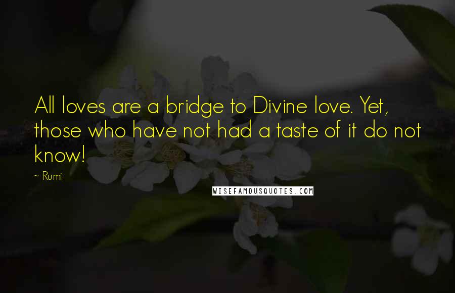 Rumi Quotes: All loves are a bridge to Divine love. Yet, those who have not had a taste of it do not know!