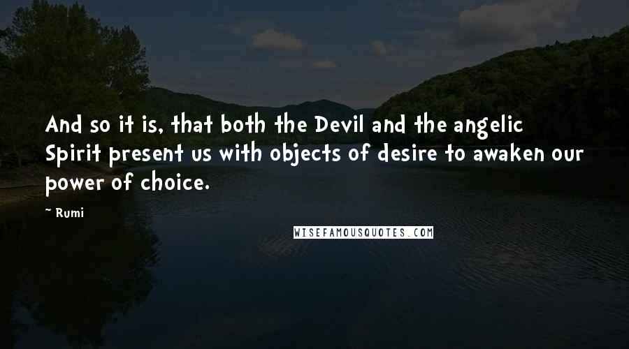 Rumi Quotes: And so it is, that both the Devil and the angelic Spirit present us with objects of desire to awaken our power of choice.