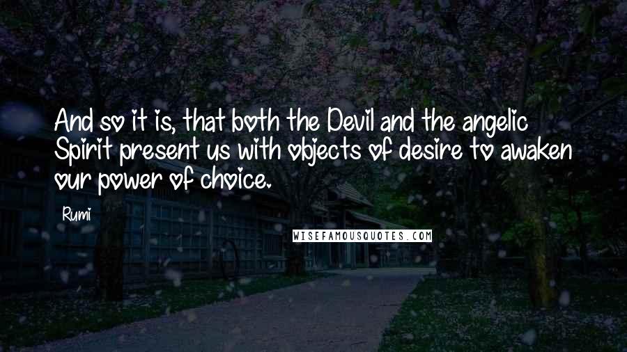 Rumi Quotes: And so it is, that both the Devil and the angelic Spirit present us with objects of desire to awaken our power of choice.